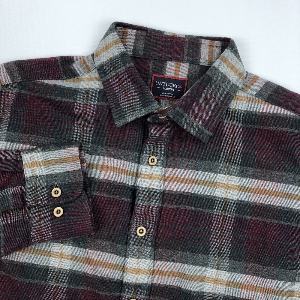 UNTUCKIt Men's Medium Greyton Plaid Flannel Shirt Long Sleeve Casual Button-Down